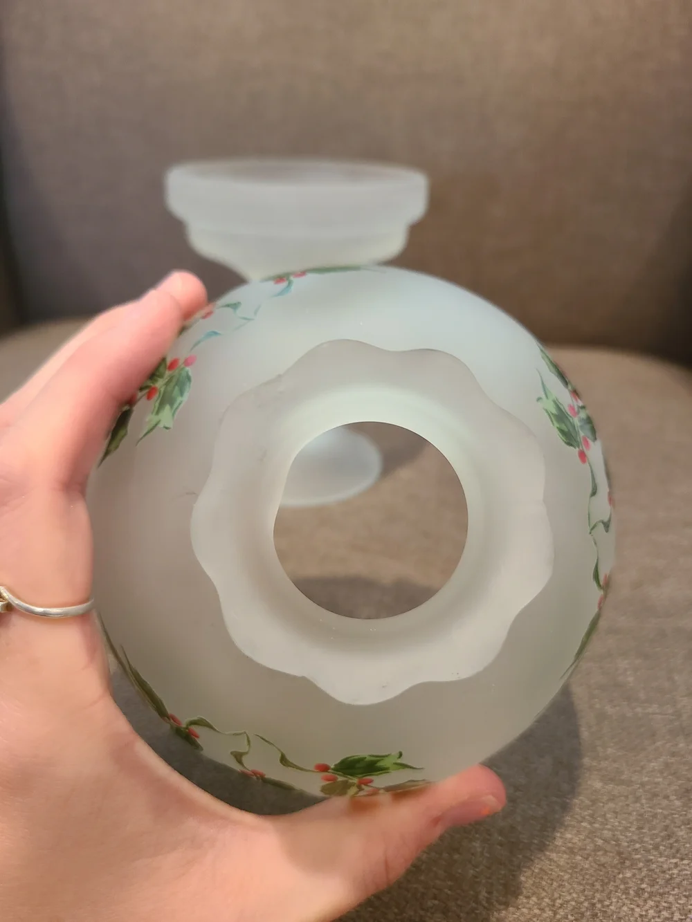 Vintage Westmoreland satin frosted glass fairy lamp with a holly and berry motif